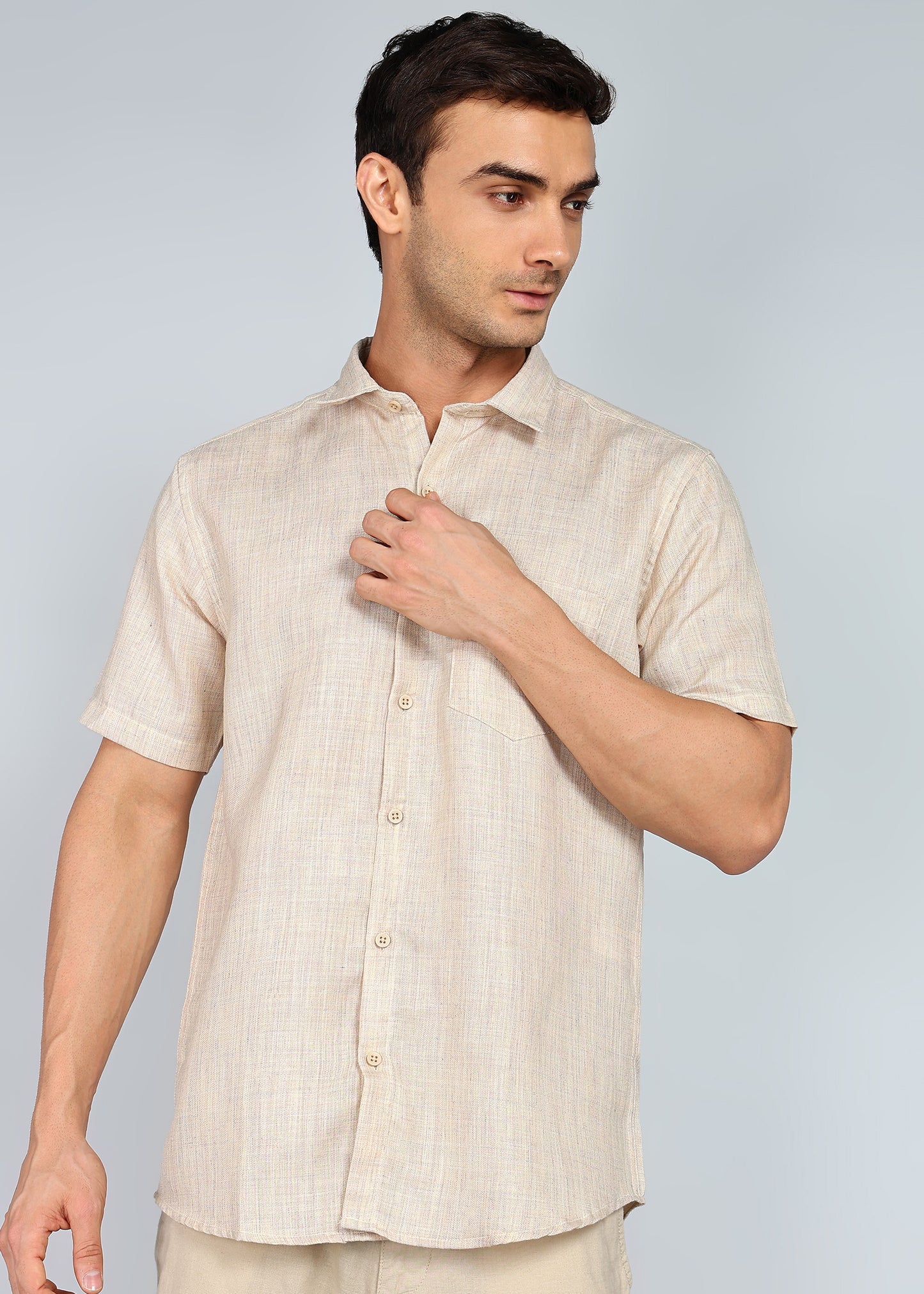 eSiddhi Men Brown Linen Half Sleeve Casual Shirt