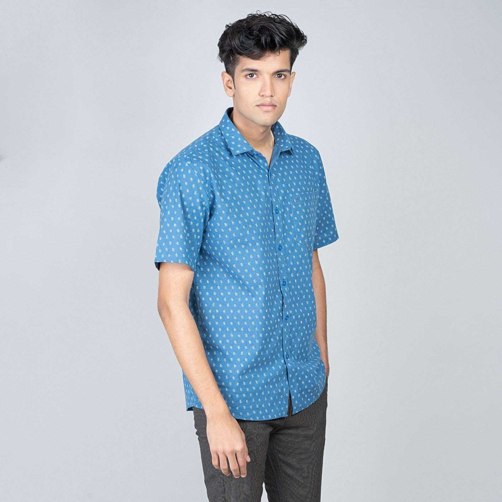 Cotton Slim Fit Half Shirt - Blue print