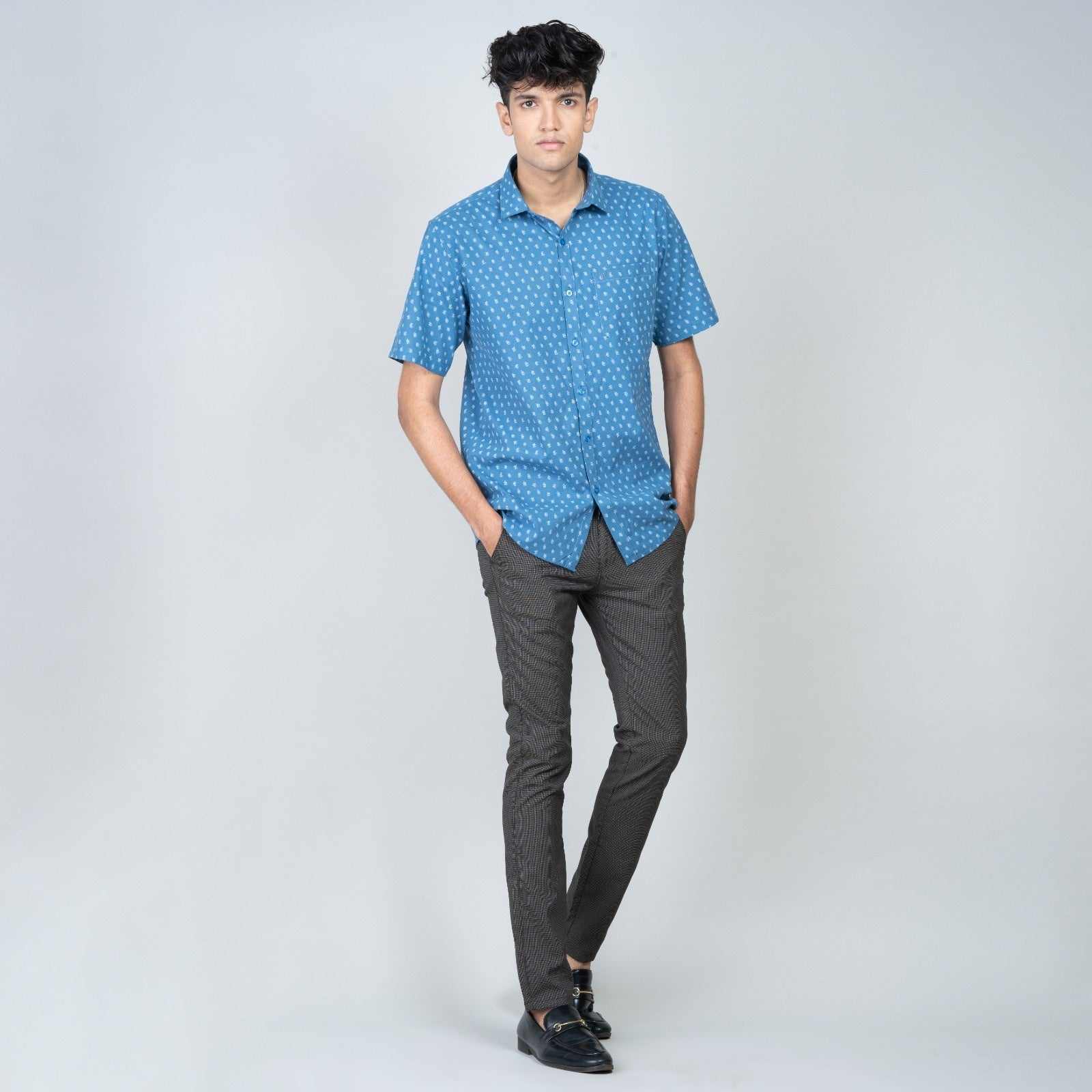 Cotton Slim Fit Half Shirt - Blue print