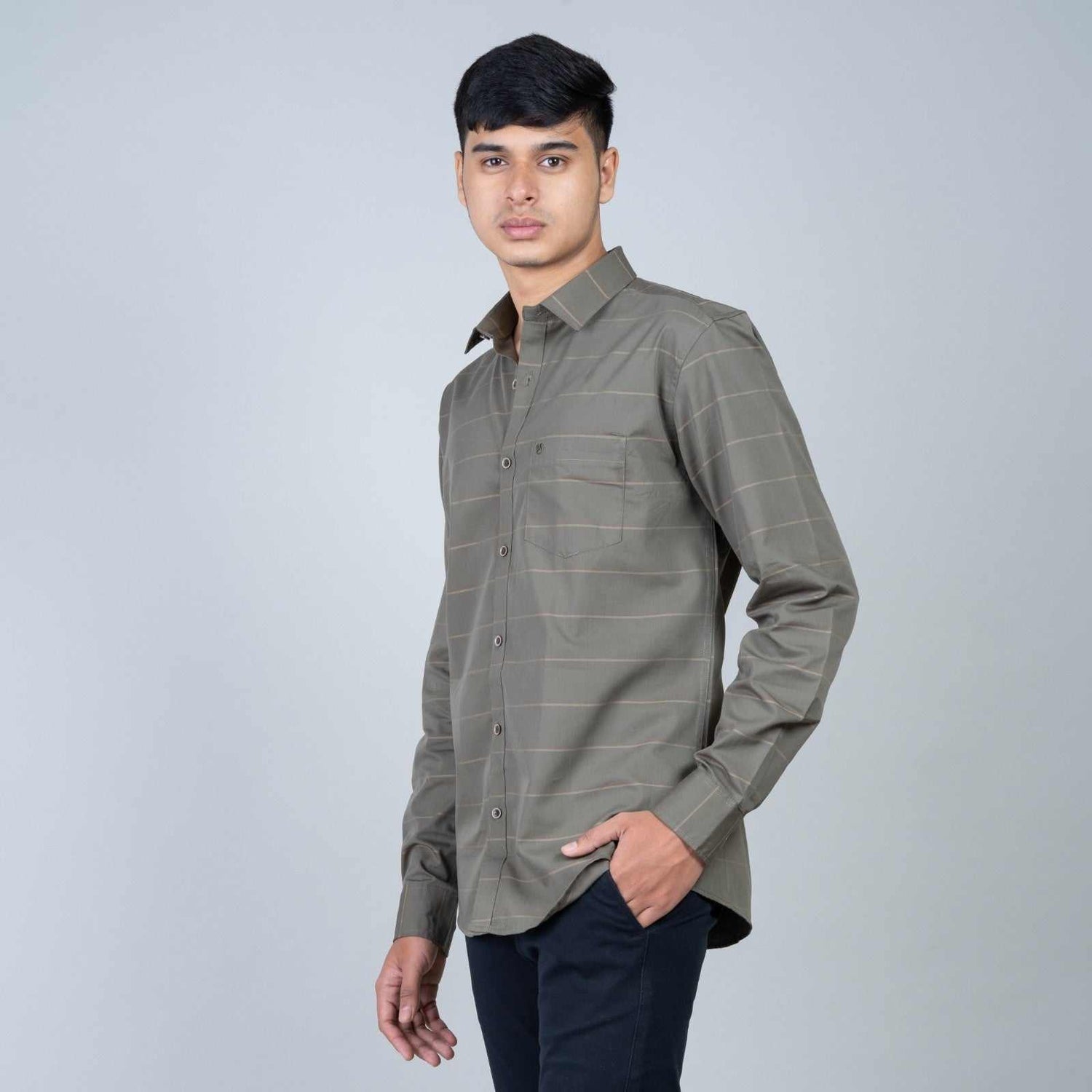 Cotton Regular Full Shirt - green stripped