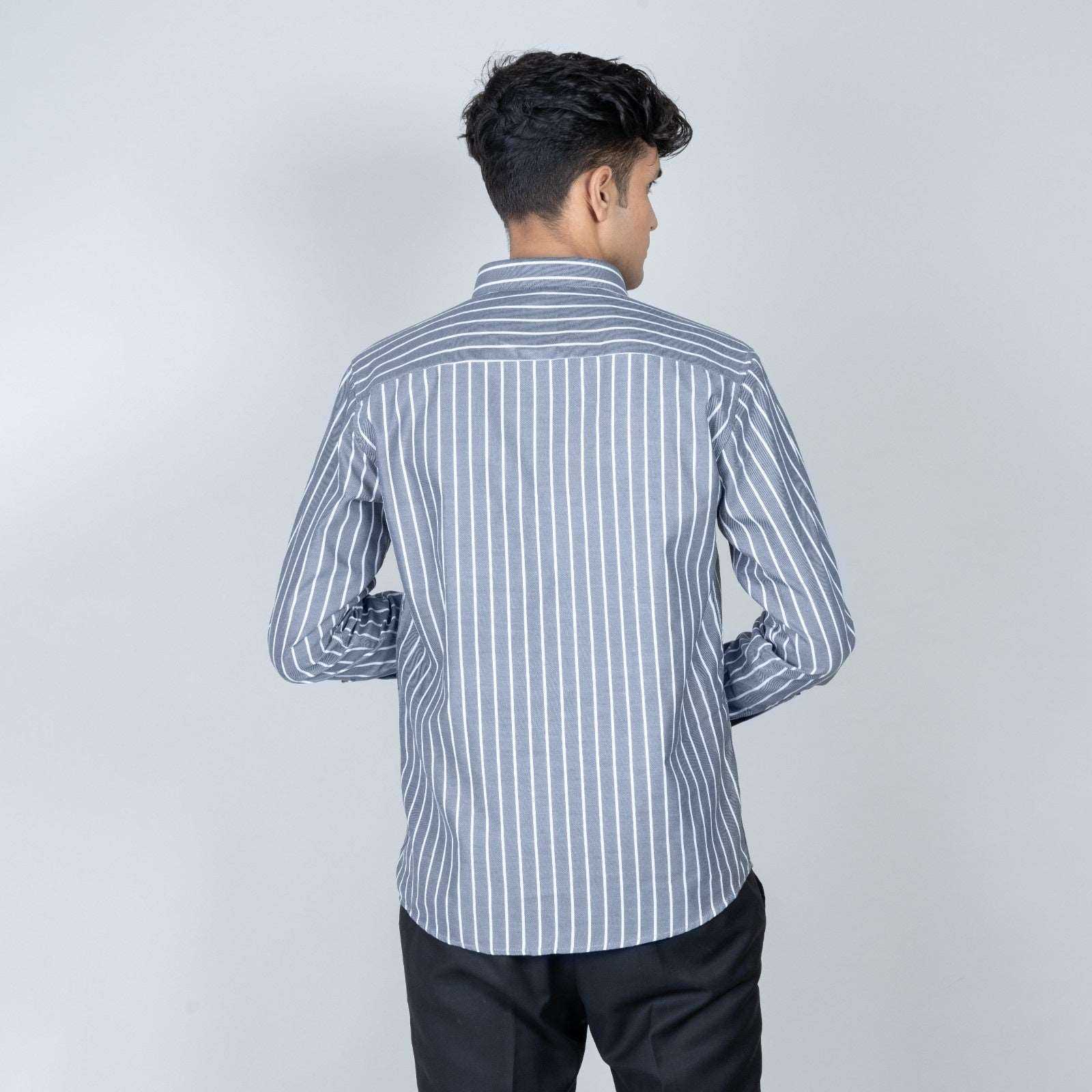 Cotton Regular Full Shirt - Grey Striped