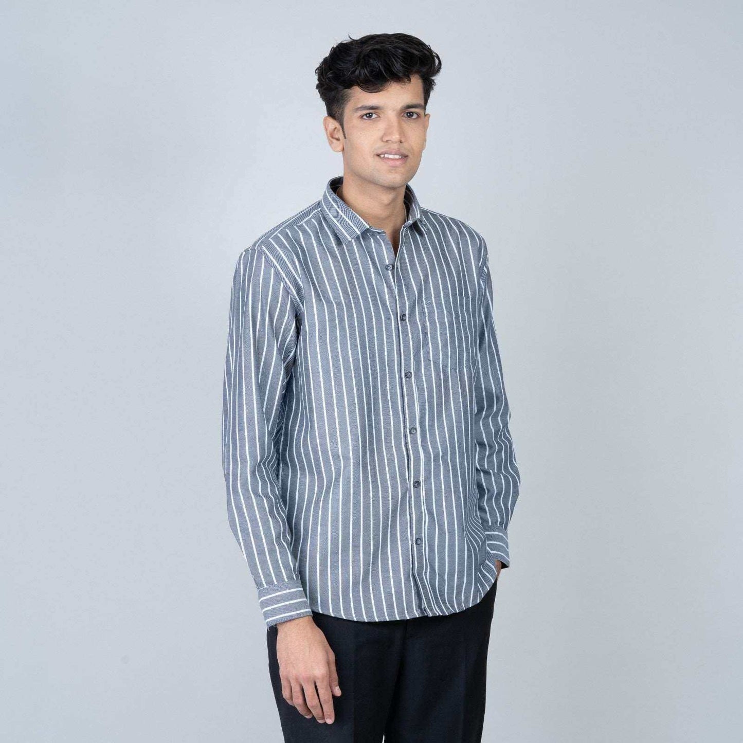 Cotton Regular Full Shirt - Grey Striped