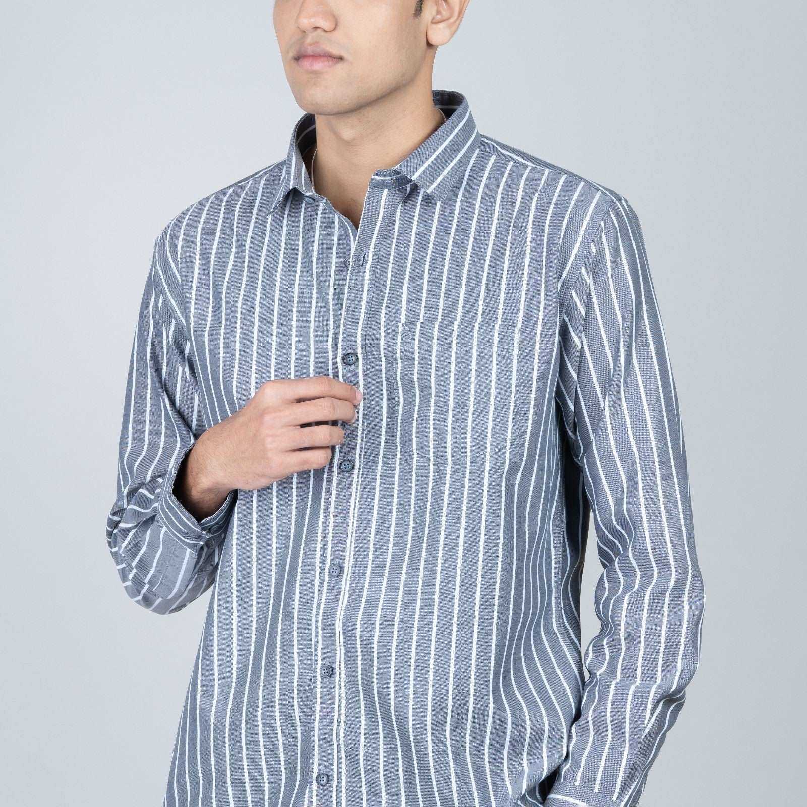 Cotton Regular Full Shirt - Grey Striped