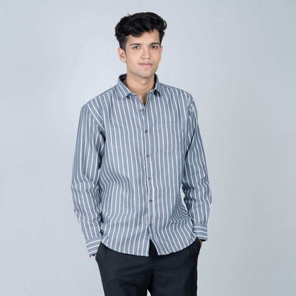 Cotton Regular Full Shirt - Grey Striped