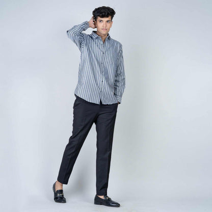 Cotton Regular Full Shirt - Grey Striped