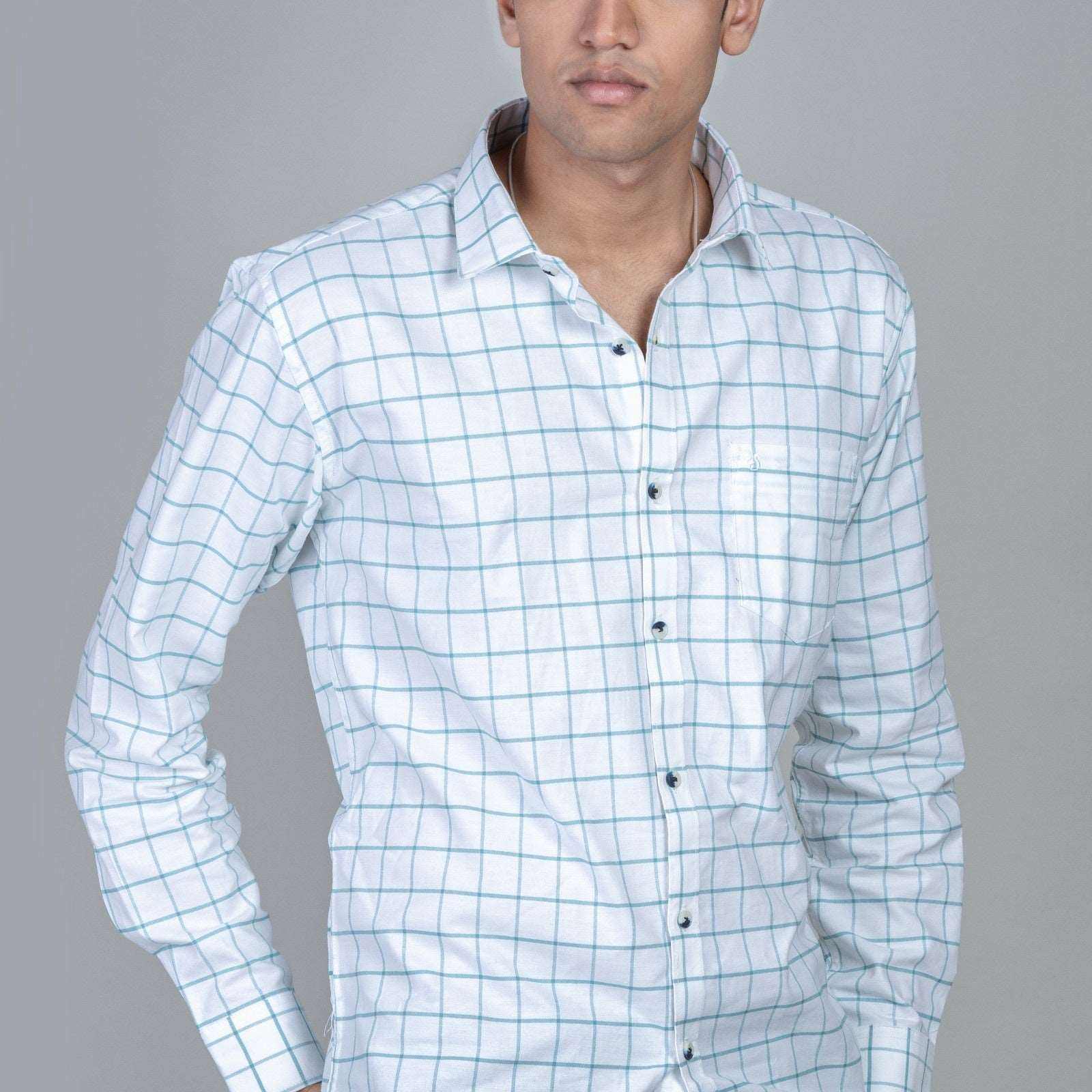 Cotton Regular Full Shirt - White and Green Checks