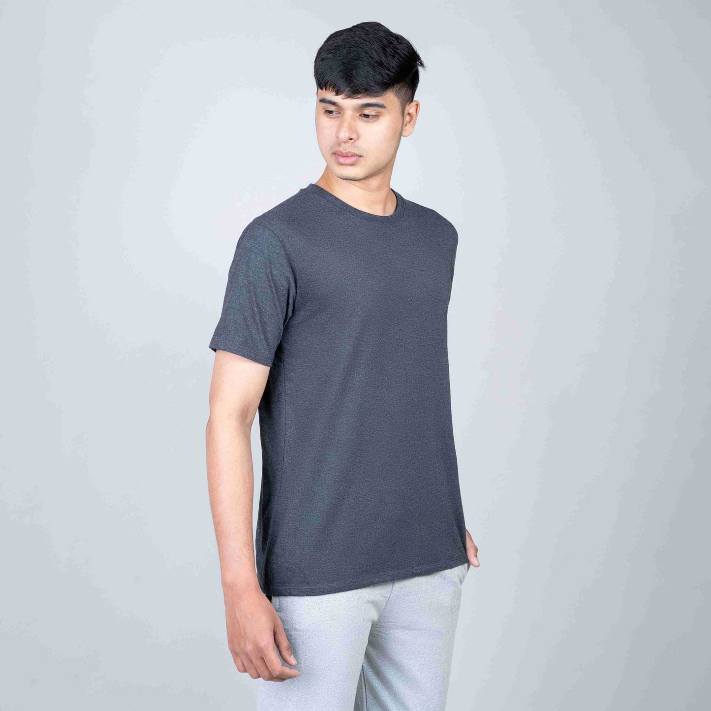 Cotton Slim Round Neck T-Shirt - Black Heather