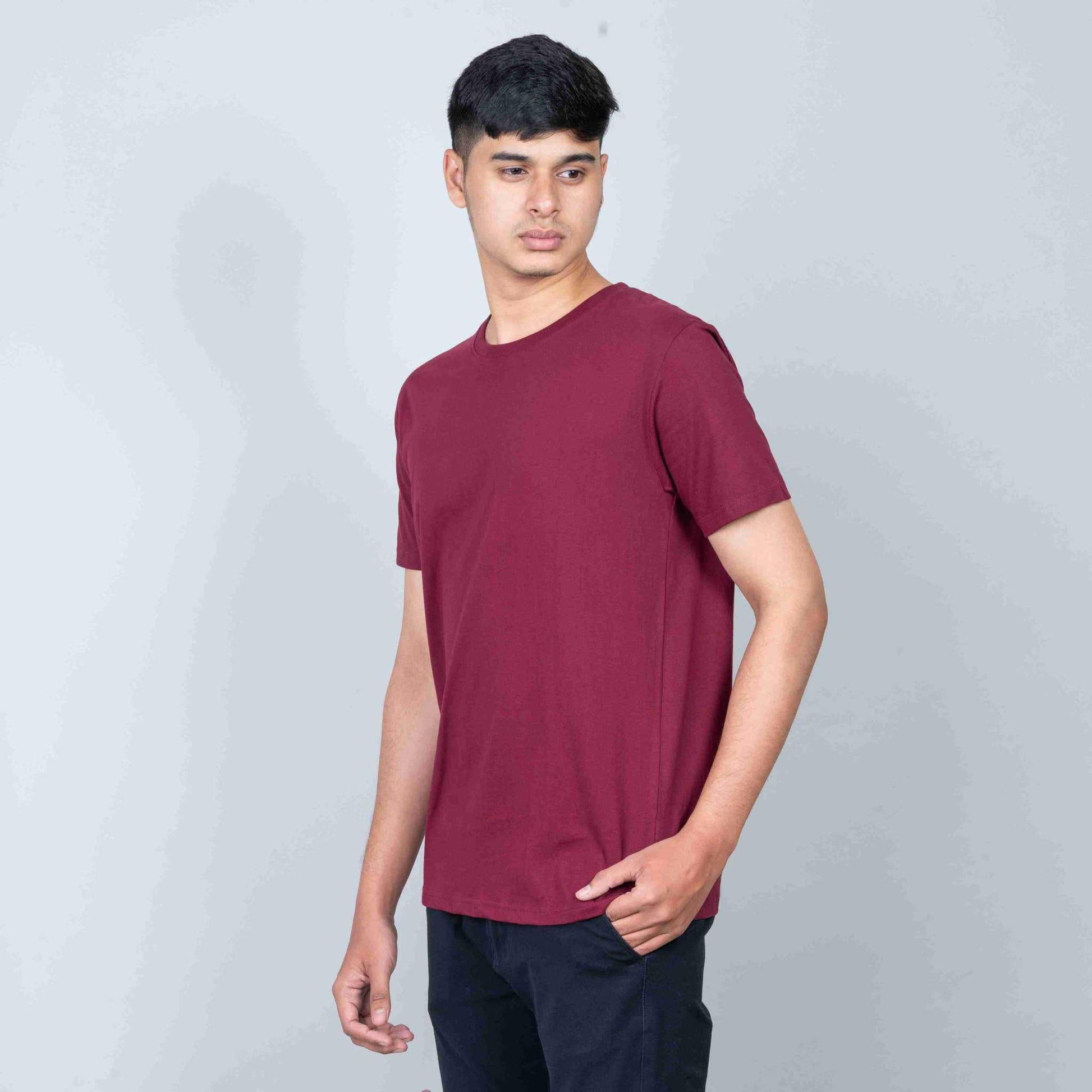 Cotton Slim Round Neck T-Shirt - Maroon