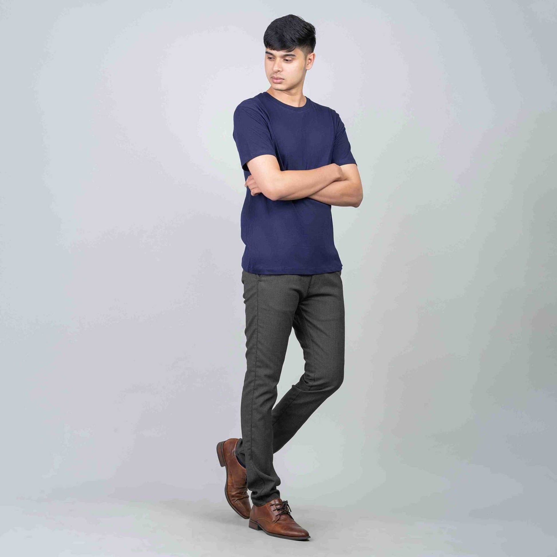 Cotton Slim Round Neck T-Shirt - Navy Blue