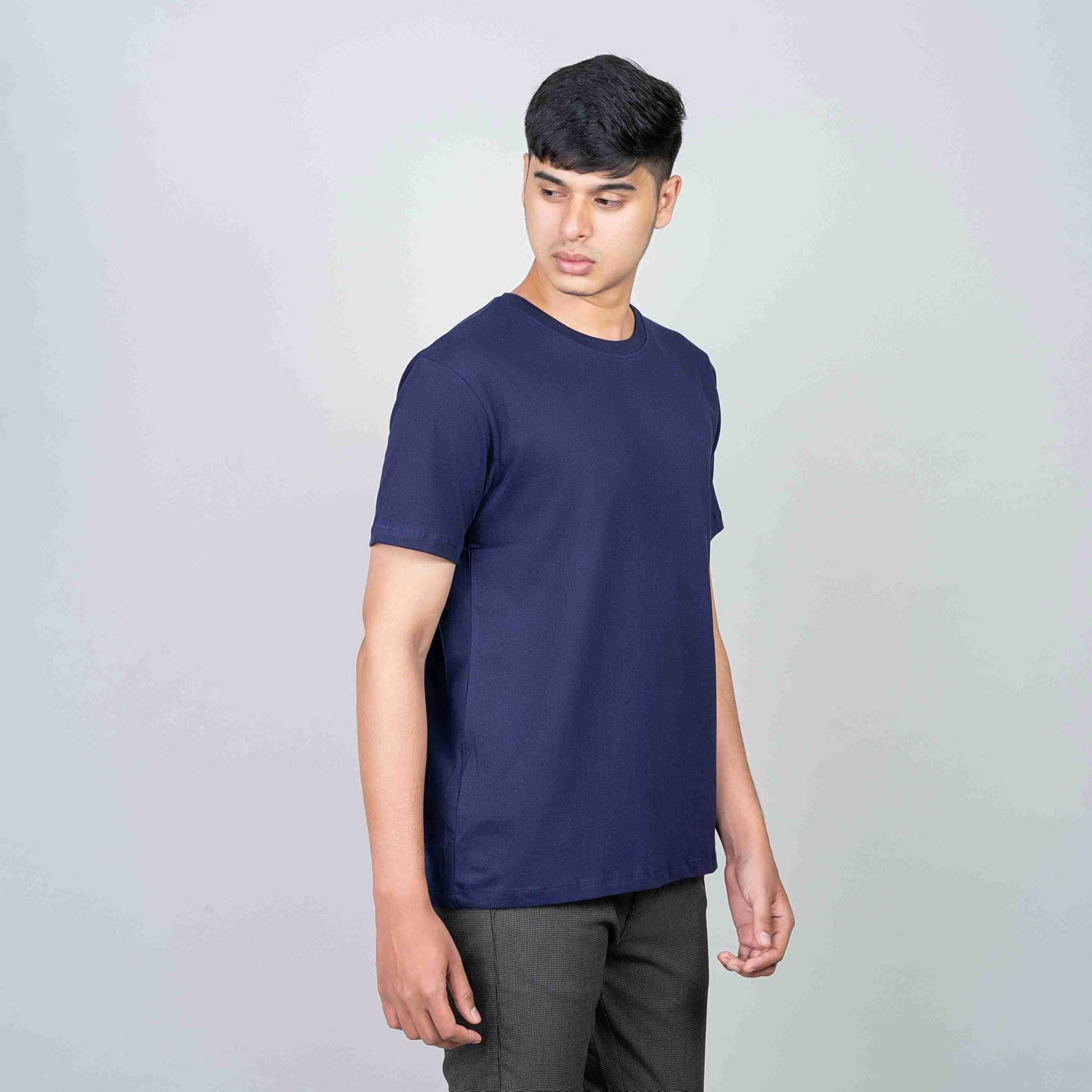 Cotton Slim Round Neck T-Shirt - Navy Blue