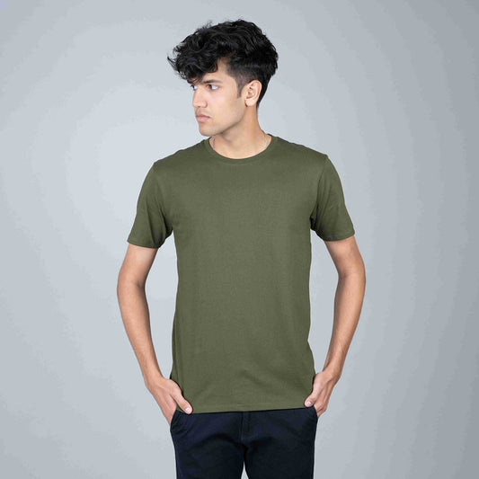 Cotton Slim Round Neck T-Shirt - Olive Green