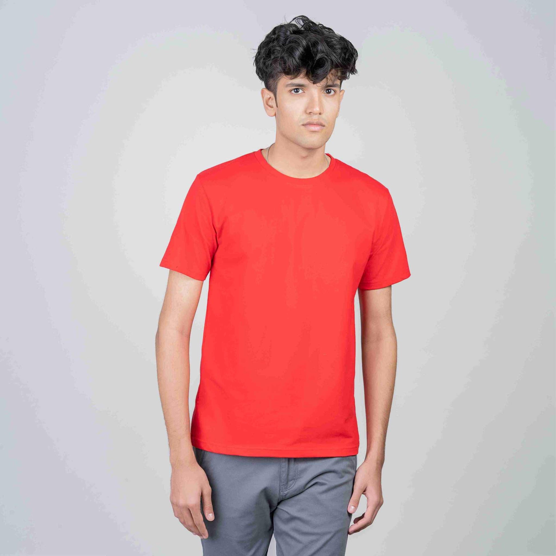 Cotton Slim Round Neck T-Shirt - Red